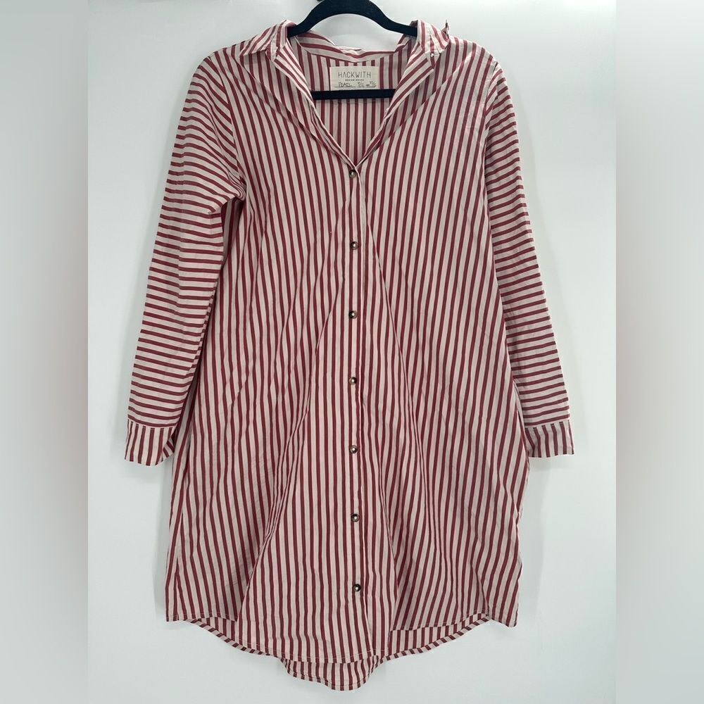 Hackwith Design House Red White Button Down Shirt Dress W Pockets Size XS/S FLAW